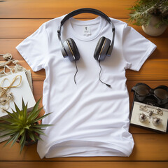 Wall Mural - White cotton Tshirt mockup with flowers, and black headphones on wooden background. Design t shirt template, print presentation mock up. Top view flat lay.