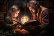 © laitheng - father and daughter reading in dark room with a yellow light bulb, generative ai