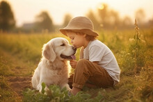 A Little Boy Kisses The Dog In The Field In Summer Day. Friendship, Care, Happiness, Cute Child With Doggy Pet Portrait At Nature In The Morning. Generative Ai