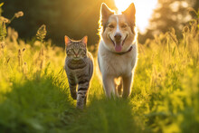 Cheerful Of Furry Friends Cat And Dog Walking In A Summer Meadow. Generative Ai