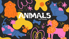 Cartoon Retro Animal Pattern In 90s Style. Cats And Dogs Pets Pet Store. Vector Groovy Poster