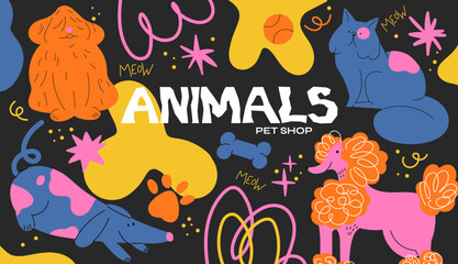 Cartoon retro animal pattern in 90s style. Cats and dogs pets pet store. Vector groovy poster