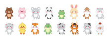 Cute Animals. Kawaii Characters. Funny Bear And Dog With Happy Faces. Tiger Or Baby Cat. Sweet Panda. Isolated Frog And Goat. Rabbit And Cow. Zoo Elements Set. Vector Cartoon Tidy Design