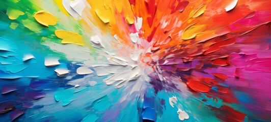 Poster - Closeup of abstract rough colorful bold rainbow colors explosion painting texture, with oil brushstroke, pallet knife paint on canvas - Art background illustration