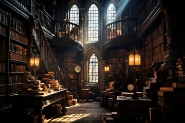 Wall Mural - A gothic library , dark and eerie library, medieval library, fantasy scenery, generative AI