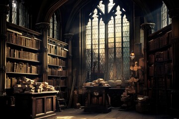 Wall Mural - A gothic library , dark and eerie library, medieval library, fantasy scenery, generative AI