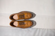 Tanned Brogue Derby Shoes Made of Calf Leather with Rubber Sole Isolated on Sofe