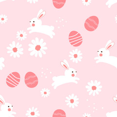 Canvas Print - Seamless pattern with Easter bunny rabbit cartoons, eggs and daisy flower on pink background vector illustration.