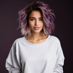 Wall Mural - Young woman wearing white sweatshirt mockup, at purple background. Design pullover template, print presentation mock-up.