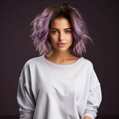 Wall Mural - Young woman wearing white sweatshirt mockup, at purple background. Design pullover template, print presentation mock-up.