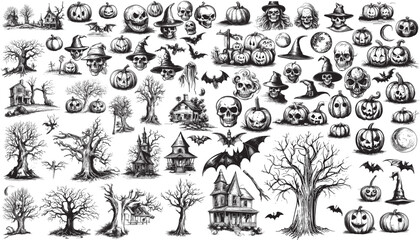 Wall Mural - arge collection icons silhouettes of Halloween characters. Hand drawn vector illustration, Halloween decoration design elements collection. Festive pumpkins with grinning face, headstone, ghost, bat
