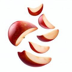 Falling red apple slice isolated on white background with clipping path. Red apple isolated. Whole apple, half, and a slice on a white background. Red apple set with clipping Generative AI 
