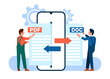 Convert Pdf to doc file. People using app on cellphone. Mobile converter technology. Men online exchange document extension formats. Smartphone application. Text remake. Vector concept