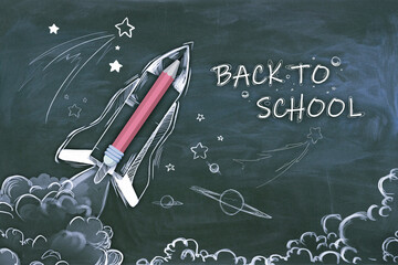 Aufkleber - Creative back to school sketch with pencils and rocket on chalkboard wall backdrop. Education and knowledge concept.