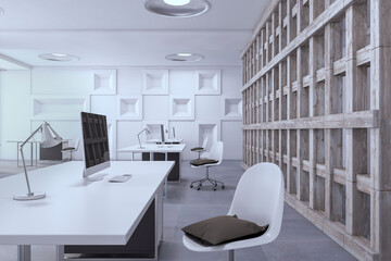 Poster - Simple designer office interior with furniture and equipment. 3D Rendering.