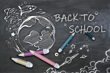 Poster - Creative back to school sketch with pencils and rocket on blackboard wall texture. Education and knowledge concept.