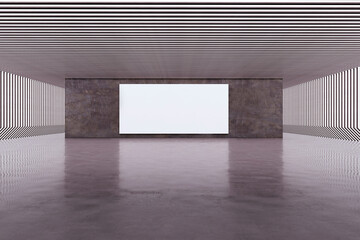 Poster - Modern spacious concrete room with white mock up frame on wall. Exhibition hall. 3D Rendering.