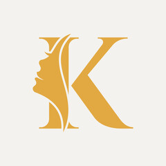 Woman Face Logo On Letter K. Beauty Spa Symbol With Woman Face Icon