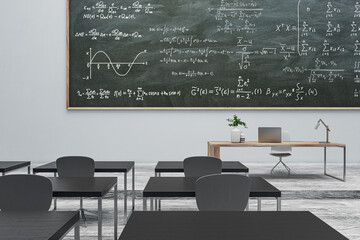 Modern gray classroom interior with formulas on chalkboard, furniture and wooden flooring. Back to school concept. 3D Rendering.
