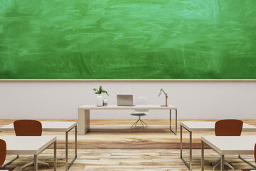 Poster - Modern classroom interior with green chalkboard and wooden flooring. Mock up place. Back to school concept. 3D Rendering.