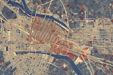 Poster - Birds Eye View Abstract Map of City extreme closeup. Generative AI.