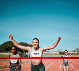 Canvas Print - Happy woman, running and winning by finish line in competition, race or marathon on outdoor stadium track. Person or runner in celebration for victory, achievement or sports challenge on mockup space