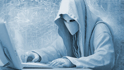 Poster - anonymous hacker in hoodie using computer laptop for organizing massive cyber attack extreme closeup