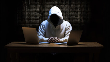 Poster - Anonymous Hacker in Hoodie Using Computer Laptop for Organizing Massive Cyber Attack extreme closeup. Generative AI
