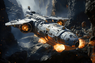 Poster - Futuristic Spaceship Exploring a Distant Alien Planet extreme closeup. Generative AI
