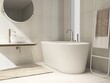Luxury white freestanding bathtub, vanity counter, round mirror, towel rack, cream wall, floor tile in sunlight from window. Interior design decoration background 3D