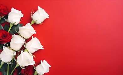 Wall Mural - White brunch of roses on bright red pastel background.