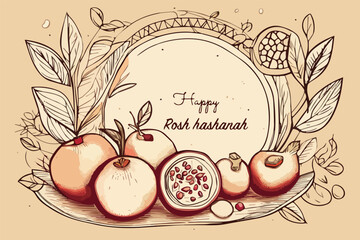 Rosh Hashanah card design with apple, honey, pomegranate on colored background in doodle style. Sketch Vector illustration