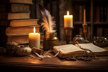 A Rustic Wooden Table Lays The Foundation For An Evocative Scene Featuring Vintage Communication Tools: A Feather Quill, An Ink Pot, And An Aged Scroll