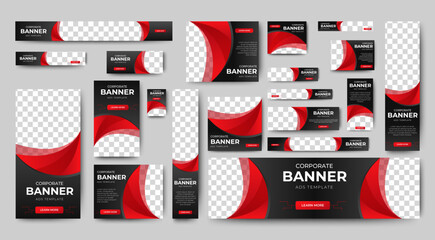 set of creative web banners of standard size with a place for photos. black and red. Business ad banner. Vertical, horizontal and square template.	