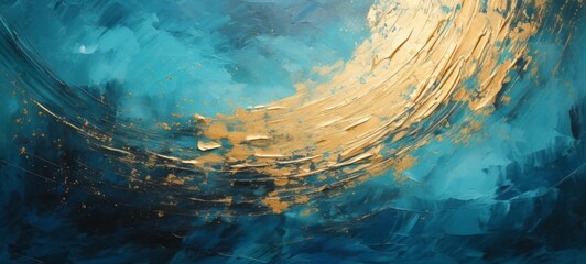 Poster - Closeup of abstract rough colorful blue gold colors art painting texture background wallpaper, with oil or acrylic brushstroke waves, pallet knife paint on canvas