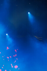 An empty concert stage illuminated by spotlights and smoke before the show.