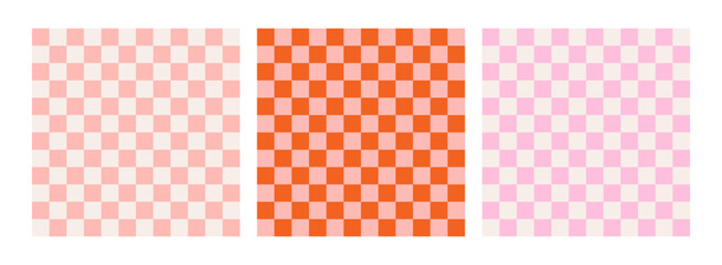 Colorful trendy checkerboard square seamless pattern collection. Set of geometric modern pastel square background in vintage style. Funky hippie fashion textile print, retro background 