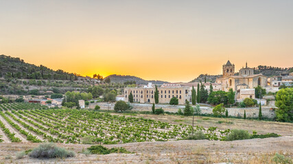 monastery and vineyards in vallbona de les monges at sunset. tourist travel in catalonia, spain.