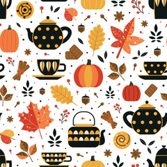 Wall Mural - Autumn Mood Seamless Pattern with Fika Motives
