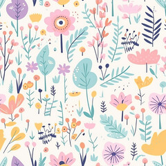 Wall Mural - Flora wonderland seamless pattern, kid drawing a little cute flower seamless pattern, repeating background, Tileable wallpaper print