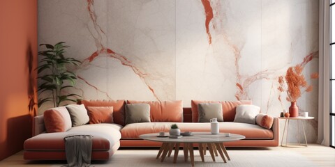 Wall Mural - Interior design of modern living room with marbling wall and terra cotta corner sofa.