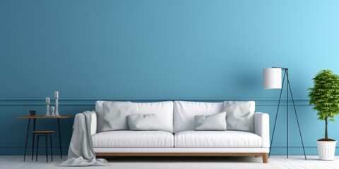 Wall Mural -  Interior of modern living room with white fabric sofa over blue wall