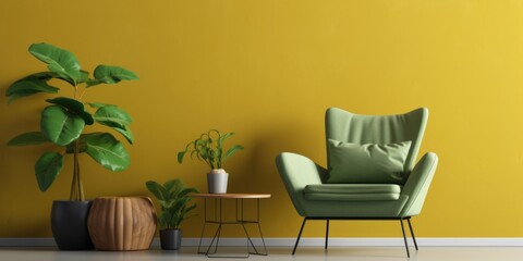 Wall Mural - Interior of modern living room with yellow armchair and coffee tables over green wall