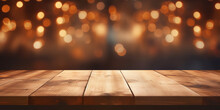 Empty Wooden Table Top With Out Of Focus Lights Bokeh Rustic Farmhouse Living Background