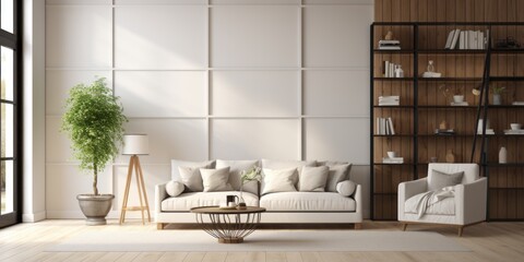 Wall Mural -  Interior with white sofa and ladder shelf in modern living room with wooden panelling.