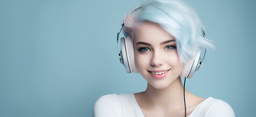 A pretty girl with short white hair and headphones on a light blue background.