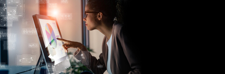Aufkleber - Young Black woman working in office and digital technology concept. Wide angle visual for banners or advertisements.