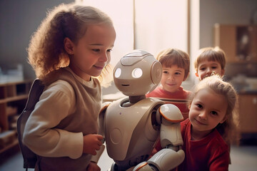 Wall Mural - Small children with artificial intelligence android robots. 