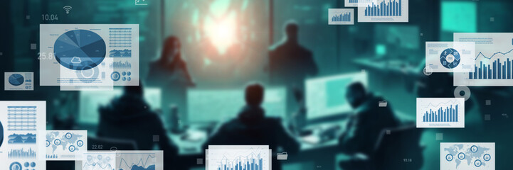Leinwandbilder - Futuristic office and digital technology concept. Wide angle visual for banners or advertisements.
