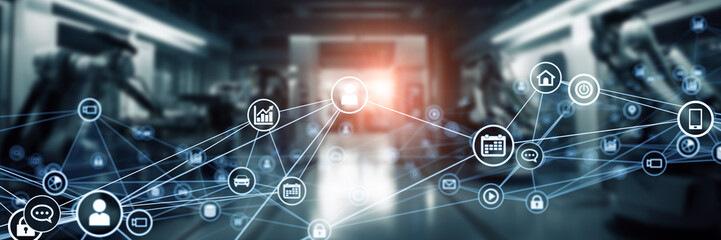 Poster - Futuristic factory and communication network concept. Industrial IoT. Wide angle visual for banners or advertisements.